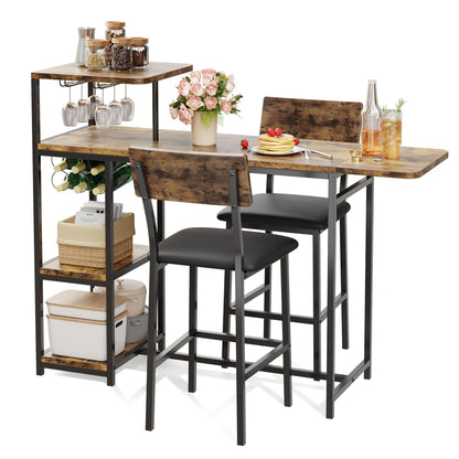GarveeHome Bar Table and Chairs Set for 2, 3-Piece Bar Table Set with Storage Shelves, Cup Holder & Wine Rack, PU Leather Bar Stools, Small Dining Table for 2 for Kitchen, Breakfast Nook, Brown