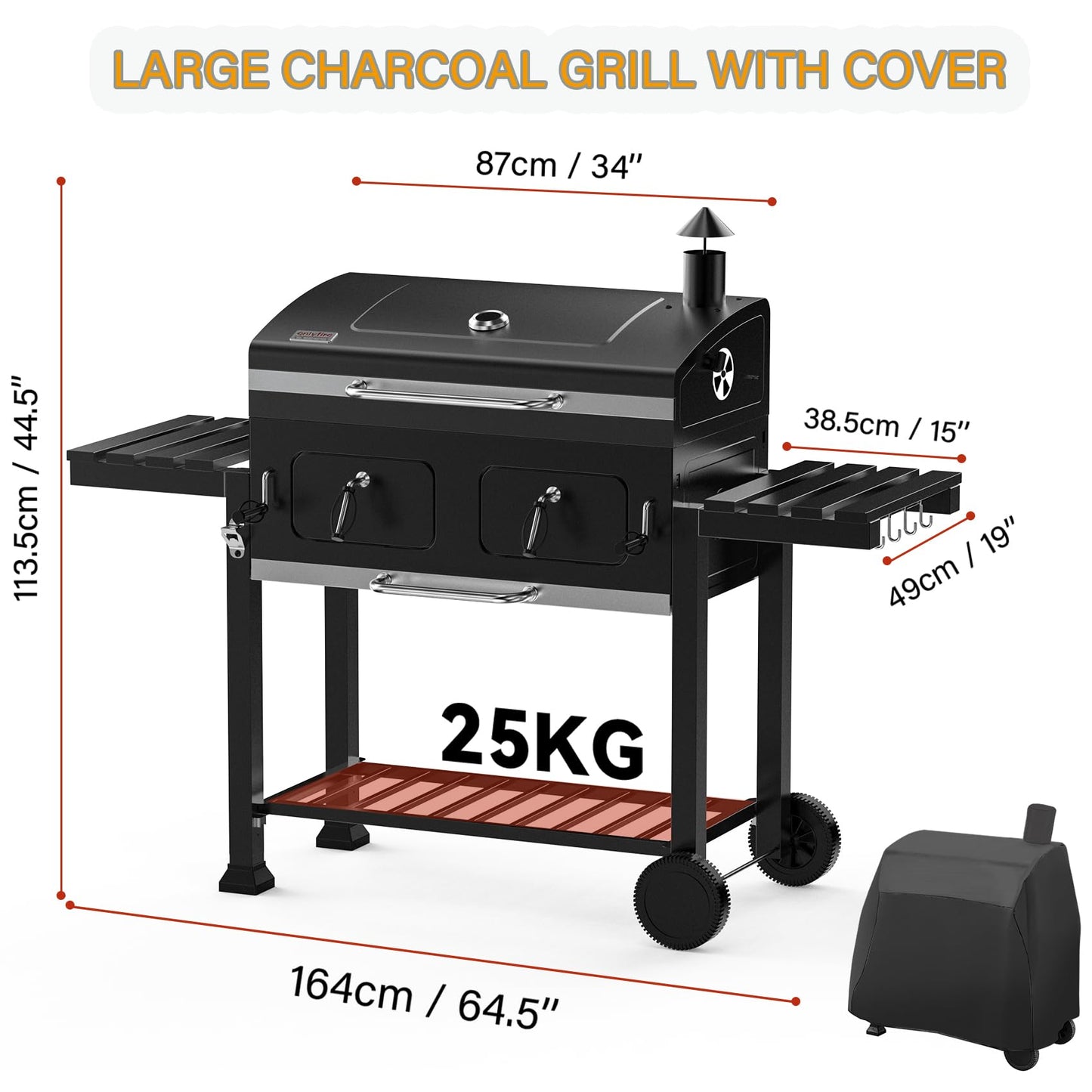 ONLYFIRE GRILLS Large BBQ Charcoal Grill with Cart & 2 Liftable Charcoal Trays, 794 SQ.IN Cooking Area, Heavy Duty Outdoor Barbecue Grill with Foldable Side Tables, Wheels & Cover, GS339