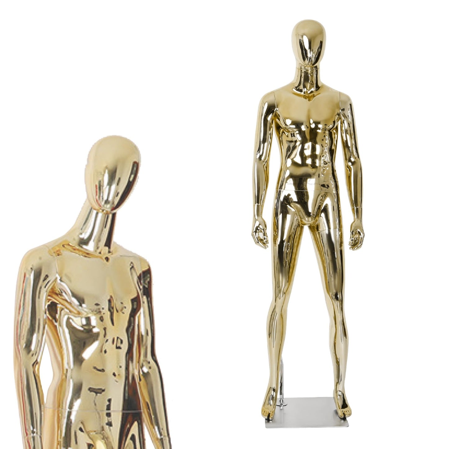 Full Body Male Mannequin with Chrome Metallic Finish, Fiberglass Abstract Dress Form with Posable Head, Futuristic Retail Display Dummy with Metal Base for Men's Fashion Window(Chrome Gold)
