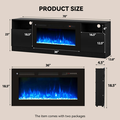 OneBlis 70" Fireplace TV Stand with 36" Electric Fireplace, LED Light Entertainment Center for TVs Up to 80", High-Gloss Door, Modern TV Console for Living Room with Storage Cabinet, Black+Black