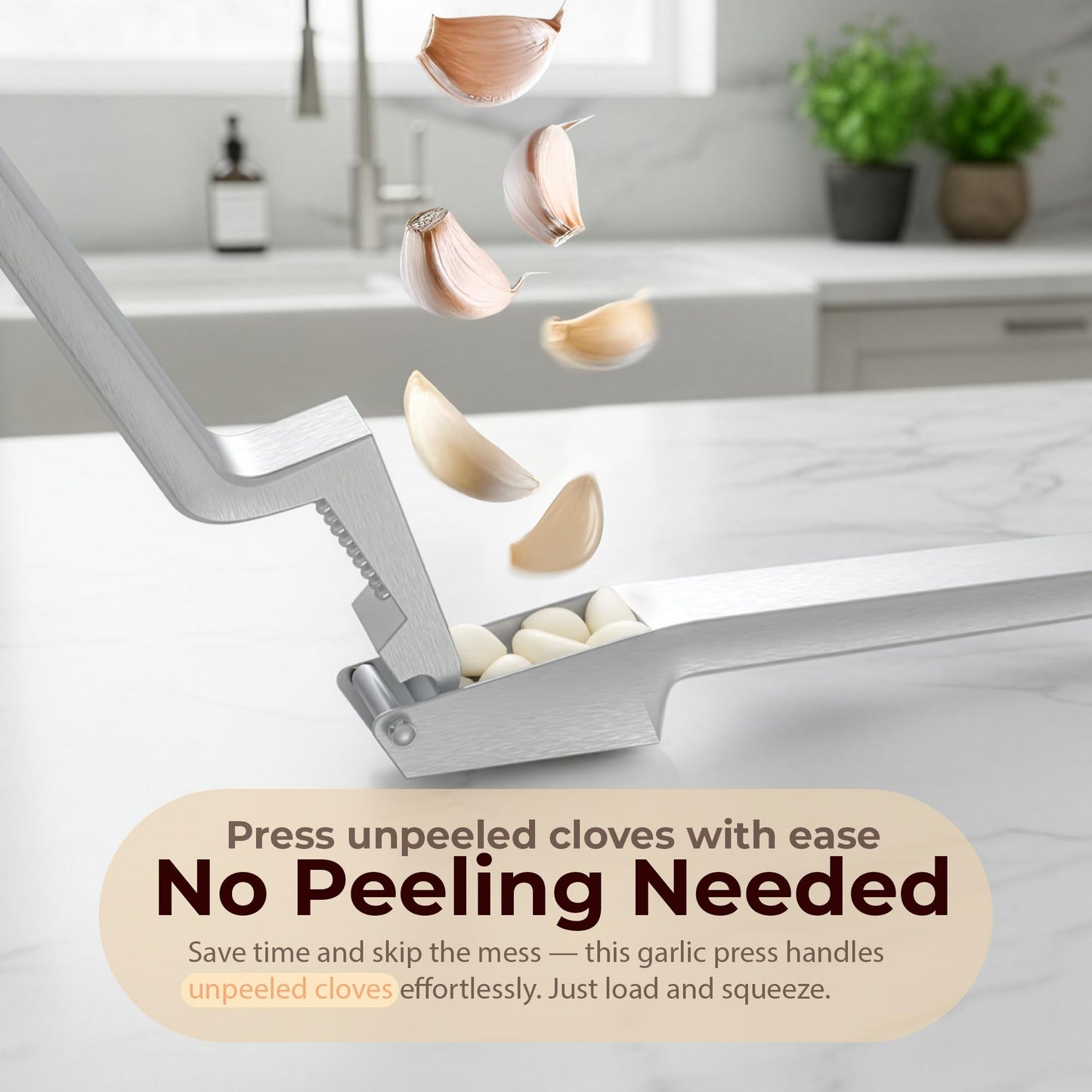 No Peeling Required, 100% Stainless Steel Garlic Press – Odor-free Cleaning, Rust Proof, Detachable Handle, Fine Mincer, 5 years Guarantee, Dishwasher safe garlic crusher tool, Moledor de ajo