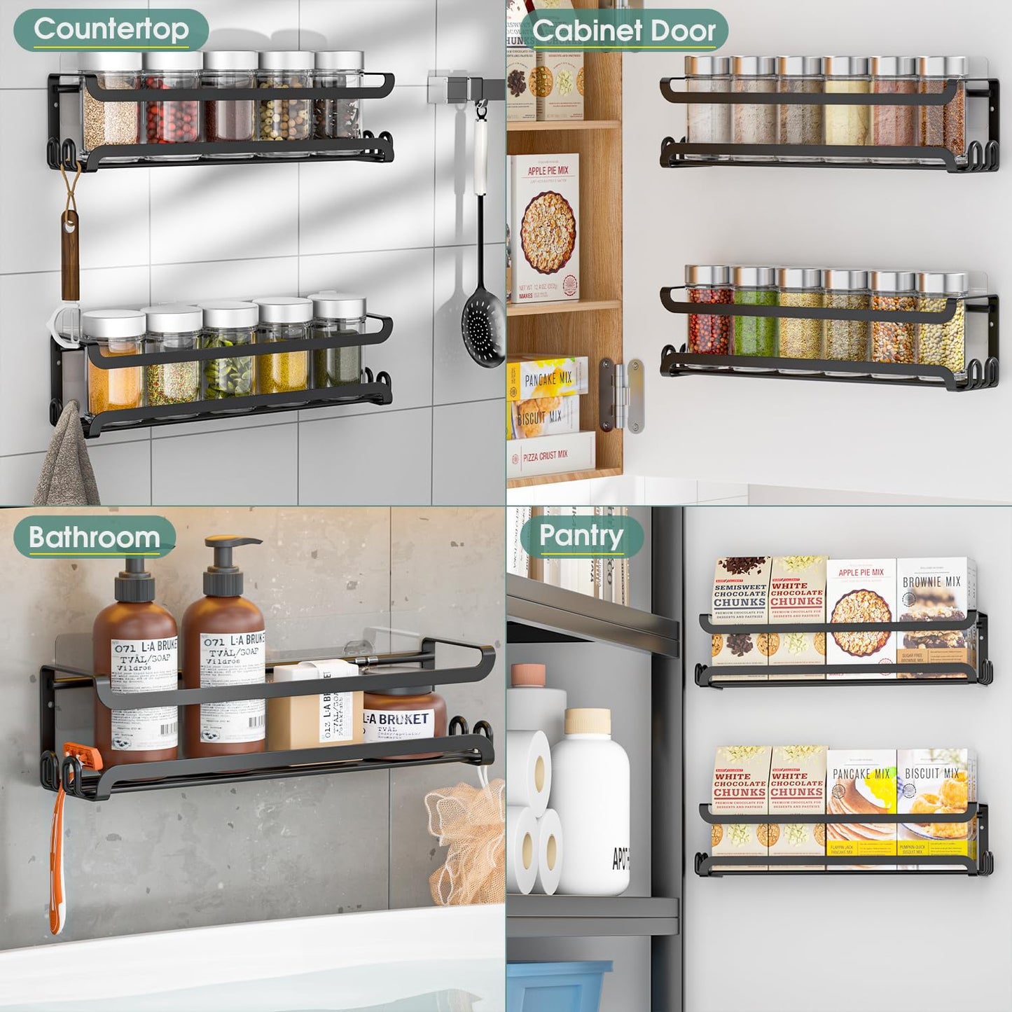 LUCYCAZ 2 Pack Wall Mounted Spice Rack with 8 Hooks, Spice Organizer Shelf for Stove Cabinet Pantry Door,Screw or Adhesive Spice Shelf Hanging Wall Spice Rack in Kitchen and RV (Black, 2 PACK)