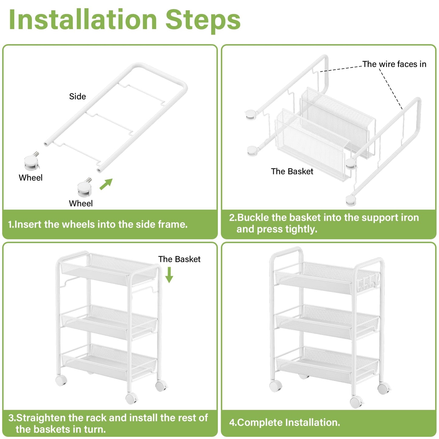 JANE EYRE 3-Tier Rolling Utility Storage Rack Cart on Wheels, Trolley Craft cart, Multi-Purpose Organizer Shelf, White