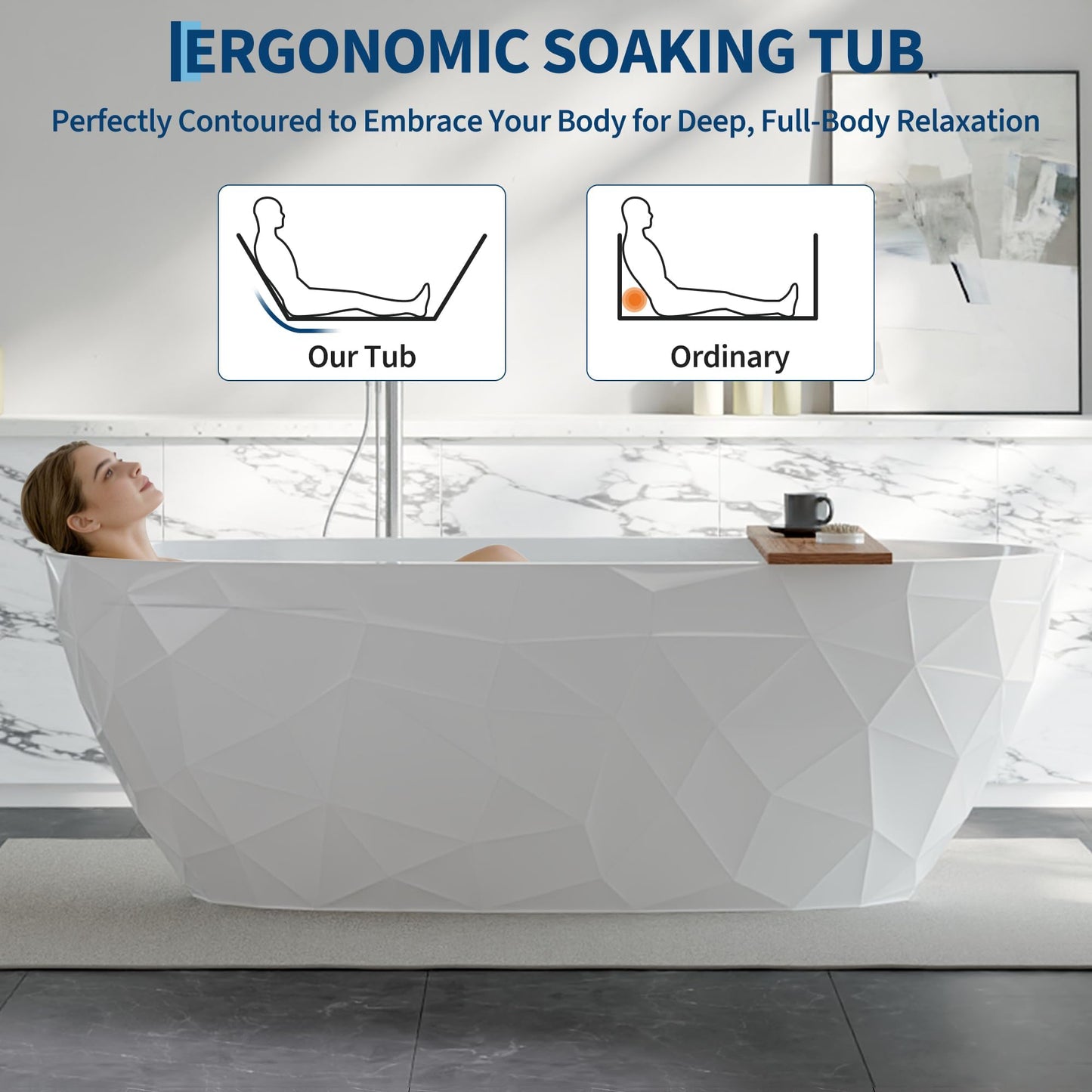 GarveeHome 67 Inch Acrylic Freestanding Bathtub with Diamond-Look Glossy Finish – Modern Deep Soak All White Luxury Tub Featuring Chrome Pop-Up & Overflow Drain for Bathrooms