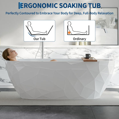 GarveeHome 67 Inch Acrylic Freestanding Bathtub with Diamond-Look Glossy Finish – Modern Deep Soak All White Luxury Tub Featuring Chrome Pop-Up & Overflow Drain for Bathrooms