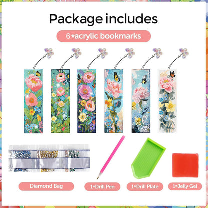 Puraikcmi 6 PCS 5D DIY Diamond Art Bookmarks,Butterflies and Flowers Diamond Painting Bookmarks Kits with Tassels Acrylic, Rhinestone Crafts Decoration Gift Set for Book Lovers Beginners & Adults