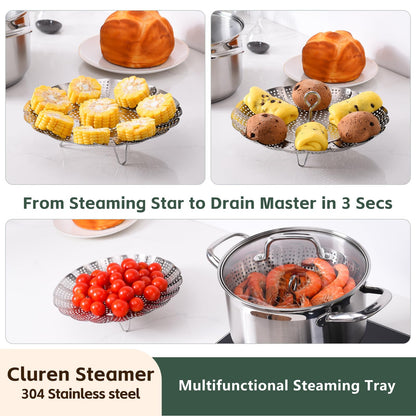 Cluren Steamer Basket for Cooking 304 Stainless Steel Entirely Thickened,Collapsible Steamer Insert for Pots, Fits Instant Pot/Skillets (6.5'' To 11‘’)