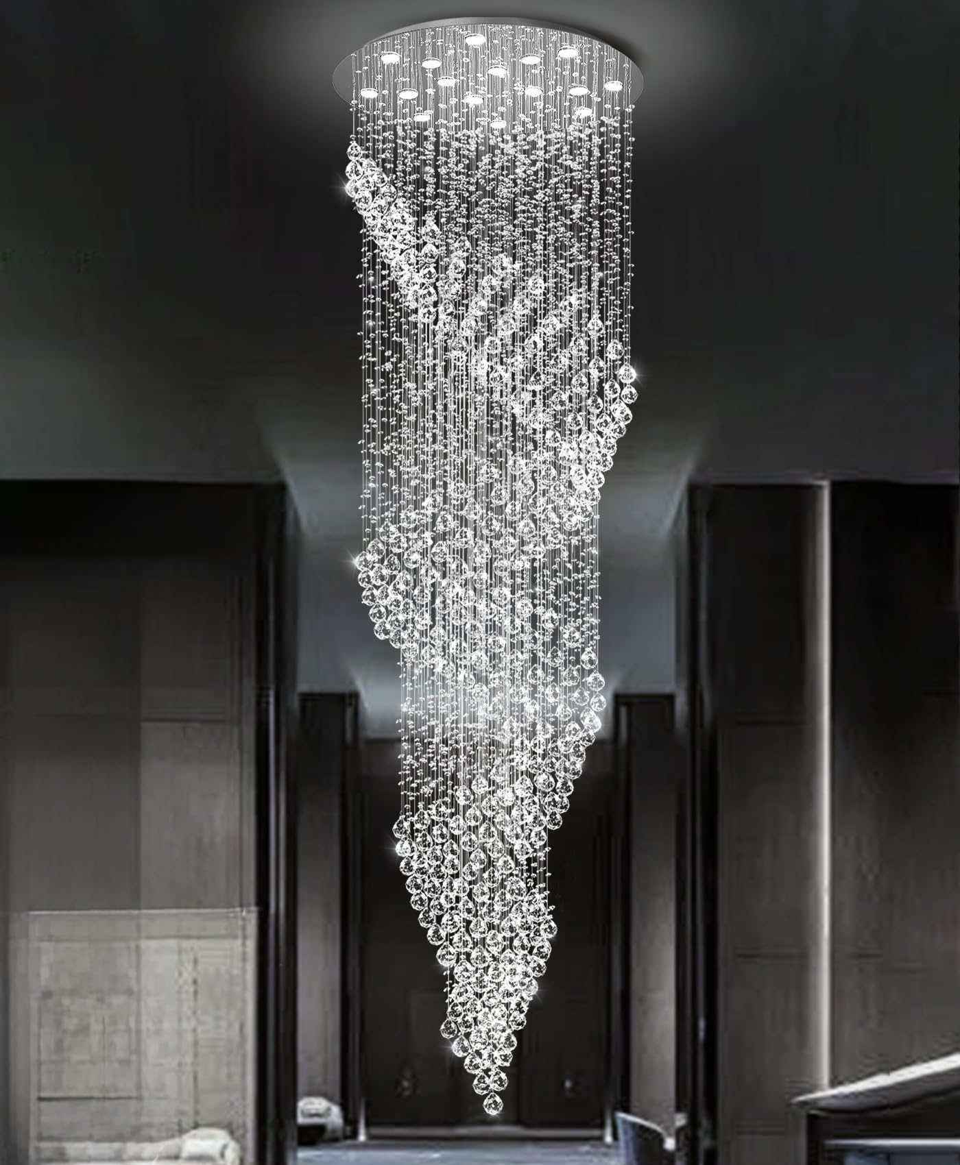 cenozo D40'' x H120'' Crystal Chandelier for Staircaes Glam Chandelier Large Raindrop Chandeliers LED Dimmable High Ceiling Light Fixtures for Hallway Foyer Silver