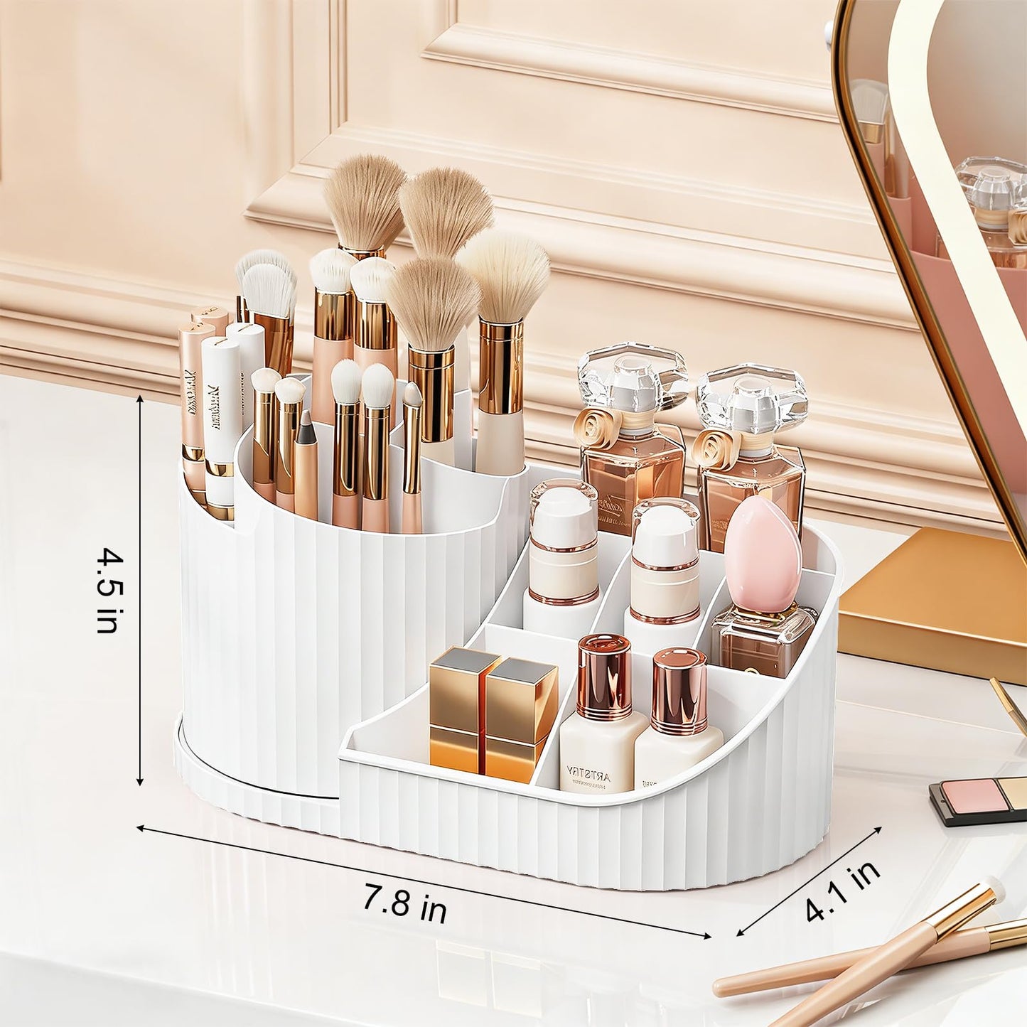 Anyoifax 360 Rotating Makeup Brush Holder Organizer with Divider 5 Slots Make Up Brushes Cup Flower-Shaped Spinning Pen Holder for Vanity, Cosmetics, Lipsticks, White