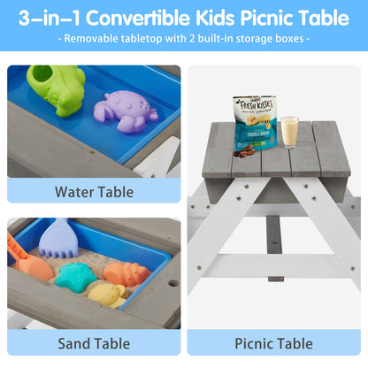3 in 1Outdoor Wooden Picnic Table with Umbrella, Convertible Sand Wate, Gray CPSIA Certification
