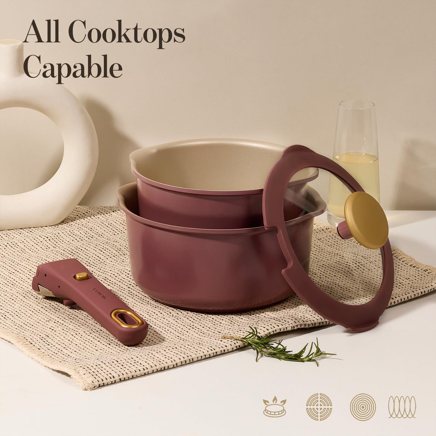 CAROTE 2.0Qt & 3.0Qt Titanium Nonstick Reinforced Sauce Pan Sets with Lid, Non-Stick Saucepans Cookware Set with Pour Spout with Detachable Handle, PFOS, PFOA Free, Induction Comptable, Burgundy
