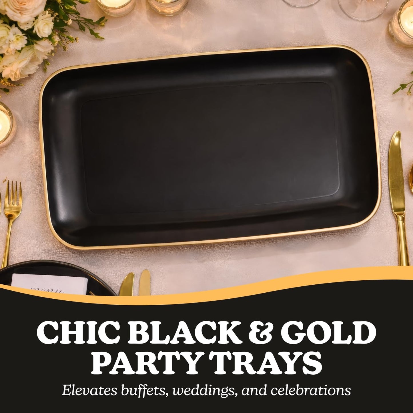 Blue Sky Organic Black Disposable Rectangular Trays with Gold Rim - 2 Count, 18"x11" | Elegant Plastic Serveware & Sturdy Party Essentials