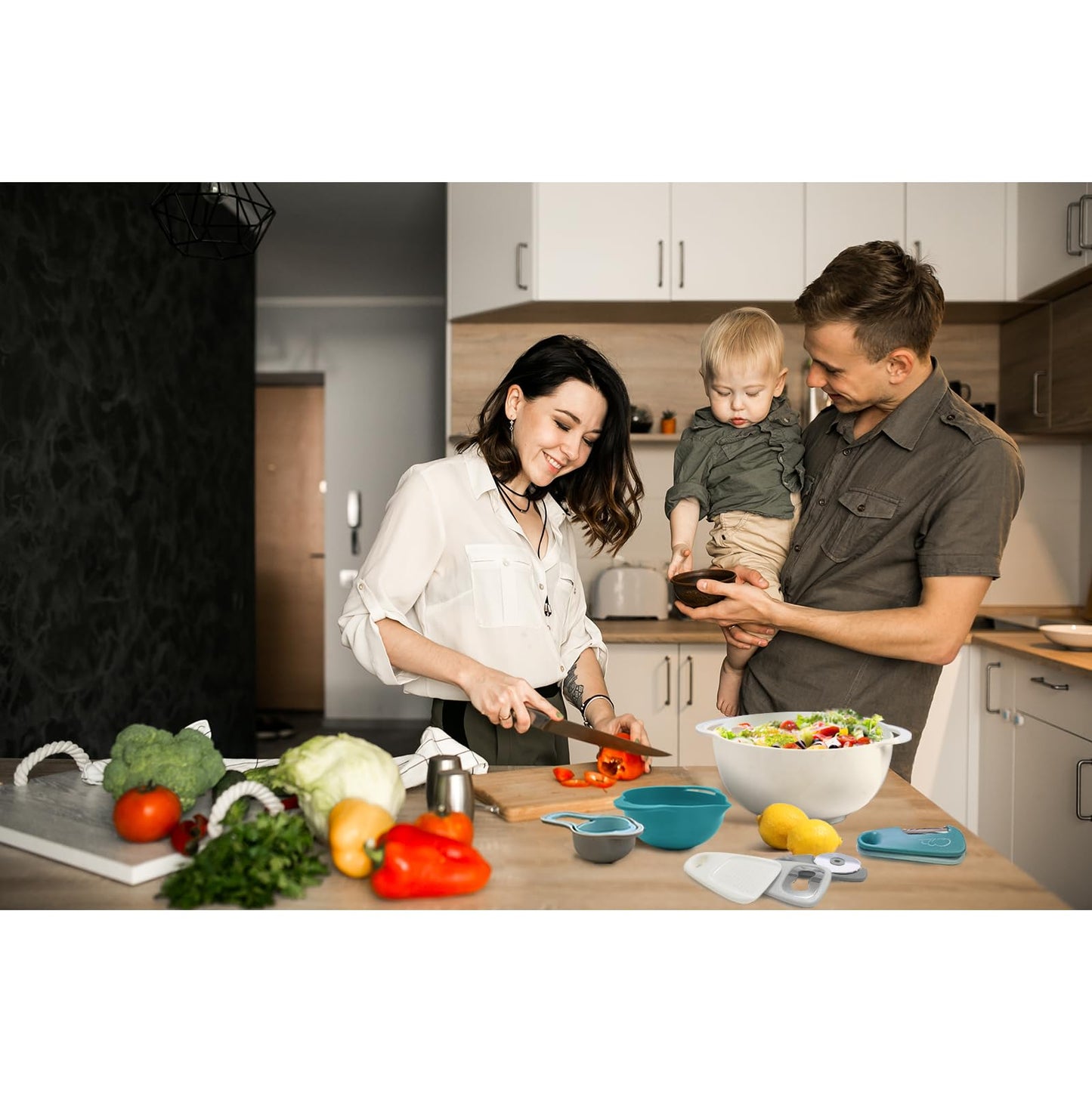 Mixing Bowls for Kitchen, 13 Piece Plastic Nesting Bowls Set Includes 2 Mixing Bowls, 1 Colander, 1 Sifter, 4 Measuring Cups, 5 Kitchen Gadgets for Baking Prepping Cooking and Serving, BPA Free