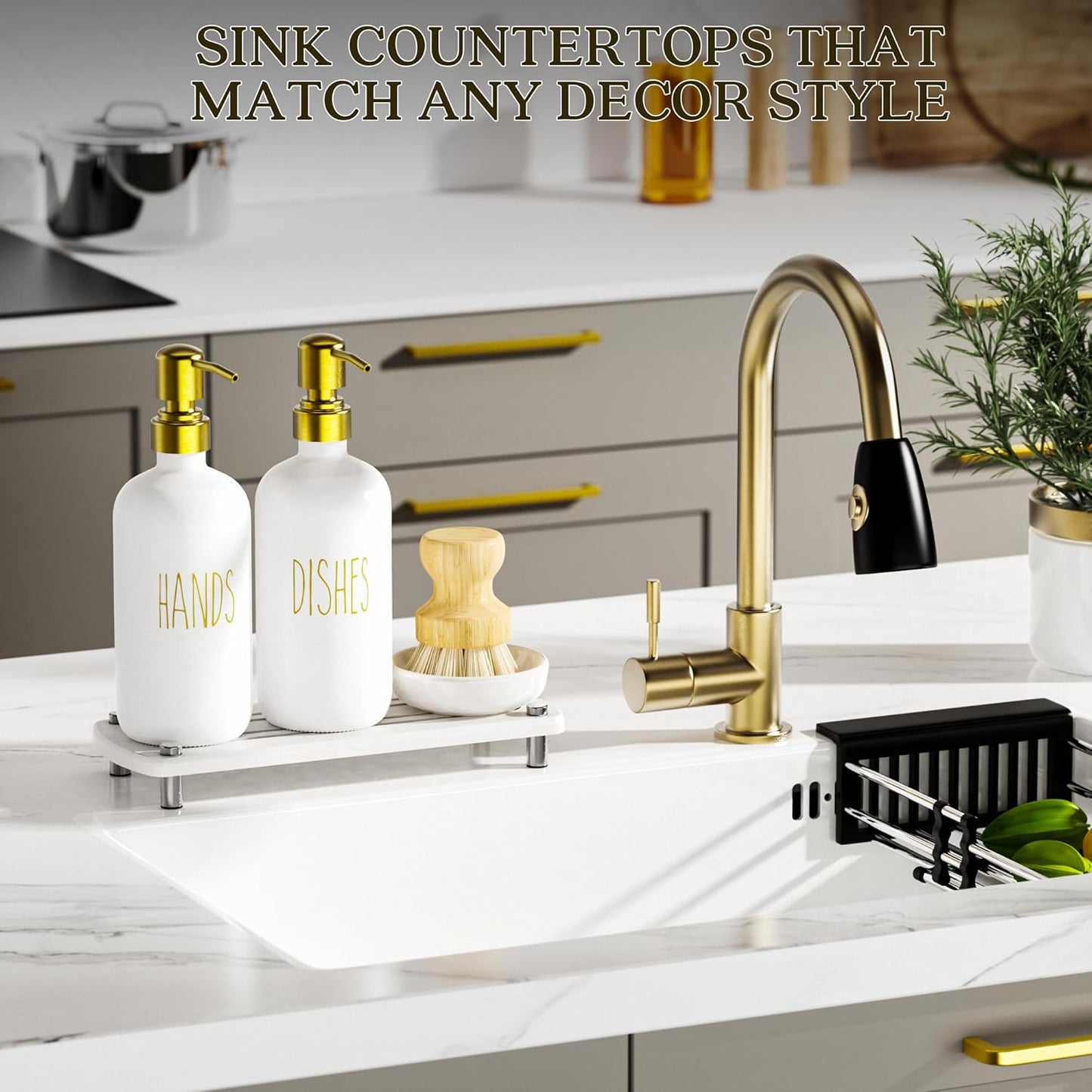 galasily Set Set Gold Soap Dispenser Comes with Stainless Steel Pumps, Instant Dry Tray, and Dish Scrub Brush, Kitchen