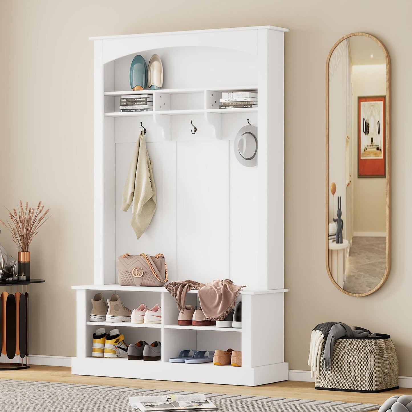 HEIDOUHEI Hall Tree with Bench Shoe Storage Entryway Coat Rack 47.2'' Wide Multi-Functional 3 Hanging Hooks Open Space Rectangle Shelves Farmhouse Boho Furniture Organizer Hallway