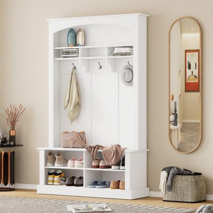 HEIDOUHEI Hall Tree with Bench Shoe Storage Entryway Coat Rack 47.2'' Wide Multi-Functional 3 Hanging Hooks Open Space Rectangle Shelves Farmhouse Boho Furniture Organizer Hallway