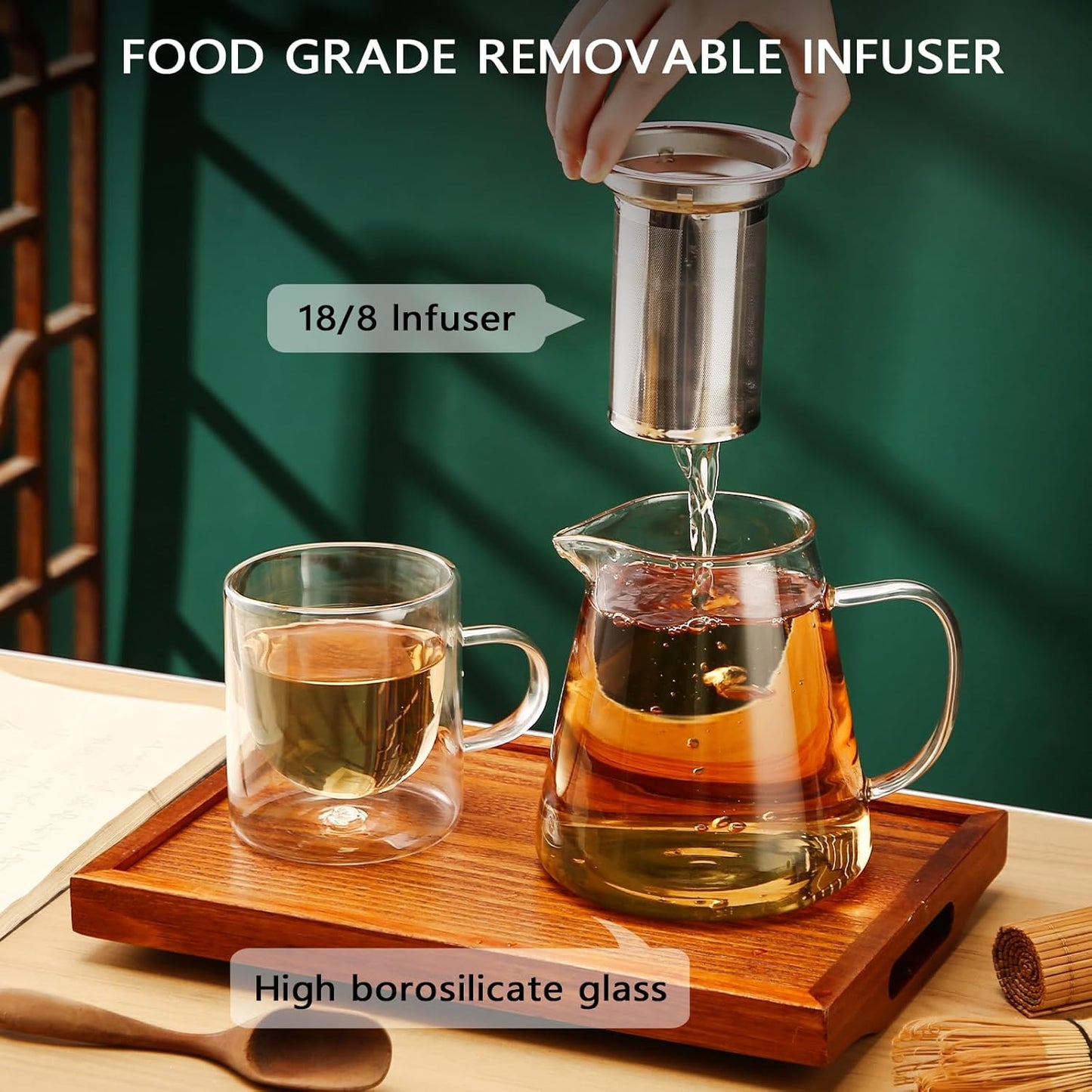34OZ Glass Teapot with Infuser, 18/8 Stainless Steel, Clear Small Tea Kettle for Loose Leaf Tea Maker, Camping, Travel