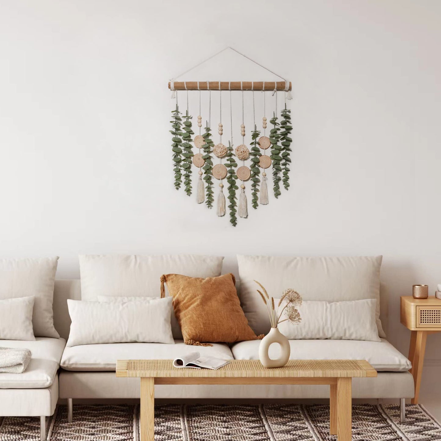 Artificial Eucalyptus Wall Decor, Rustic Farmhouse Boho Forest Greenery Wall Hanging with Wooden Head, Sage Green Bathroom Accessories，home decor for Bathroom Bedroom Dining Room Office Nursery
