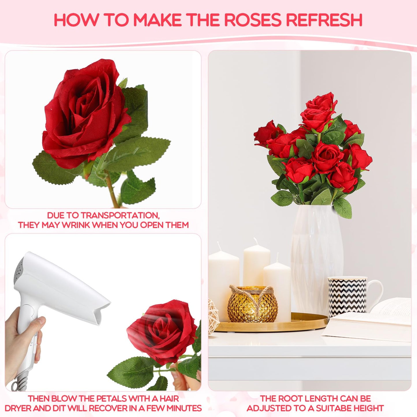 Riceshoot 500 Pcs Artificial Silk Roses Flowers with Long Stem Bridal Wedding Bouquet Realistic Floral Bulks for Garden Home Party Gifts Favor Decoration(Red)