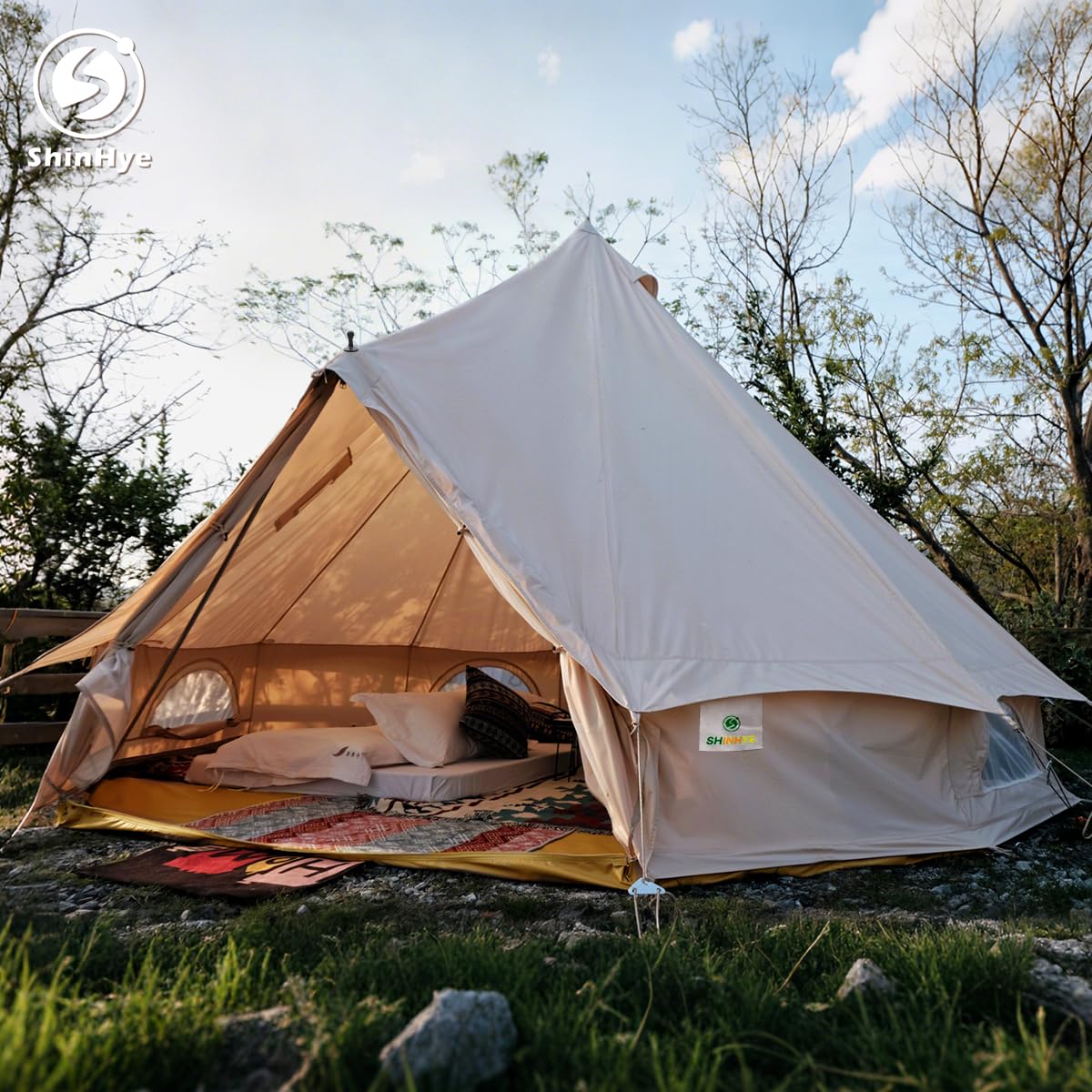 ShinHye Canvas Bell Tent Yurt Tent 4 Seasons for Camping 100% Cotton Glamping Tents with Stove Jack, Family Camping Outdoor Hunting Party (5M- 16.4FT)