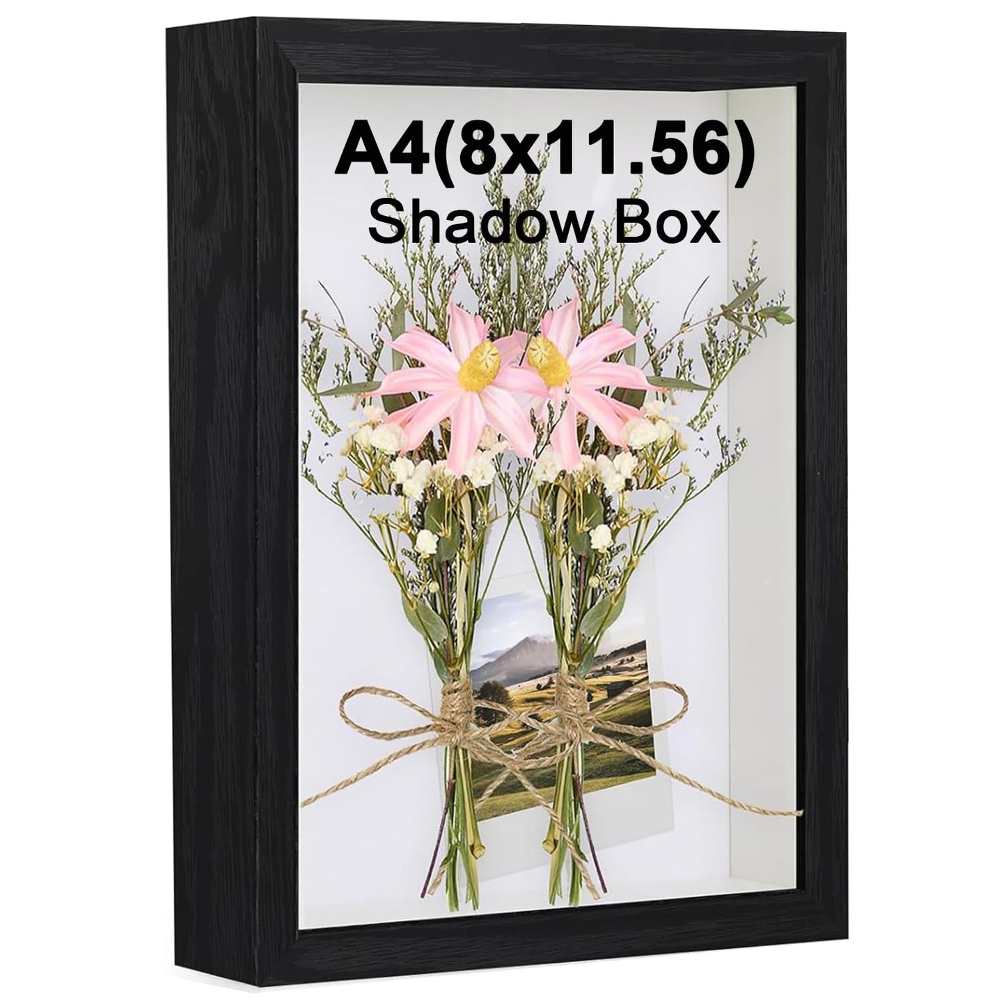 Black A4 Shadow Box Frame, 1.2 Inch Deep MDF Wood Shadow Box with Acrylic (Not Glass), Wall Mount & Tabletop Display Case for Dried Flowers, Medals, Memorial Keepsakes, Crafts