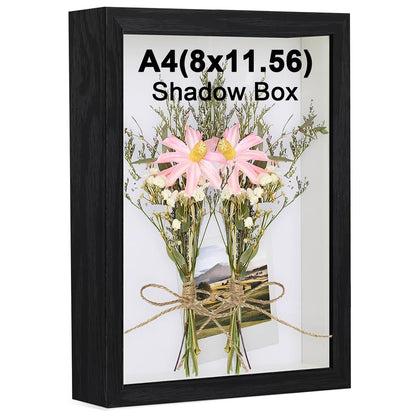 Black A4 Shadow Box Frame, 1.2 Inch Deep MDF Wood Shadow Box with Acrylic (Not Glass), Wall Mount & Tabletop Display Case for Dried Flowers, Medals, Memorial Keepsakes, Crafts