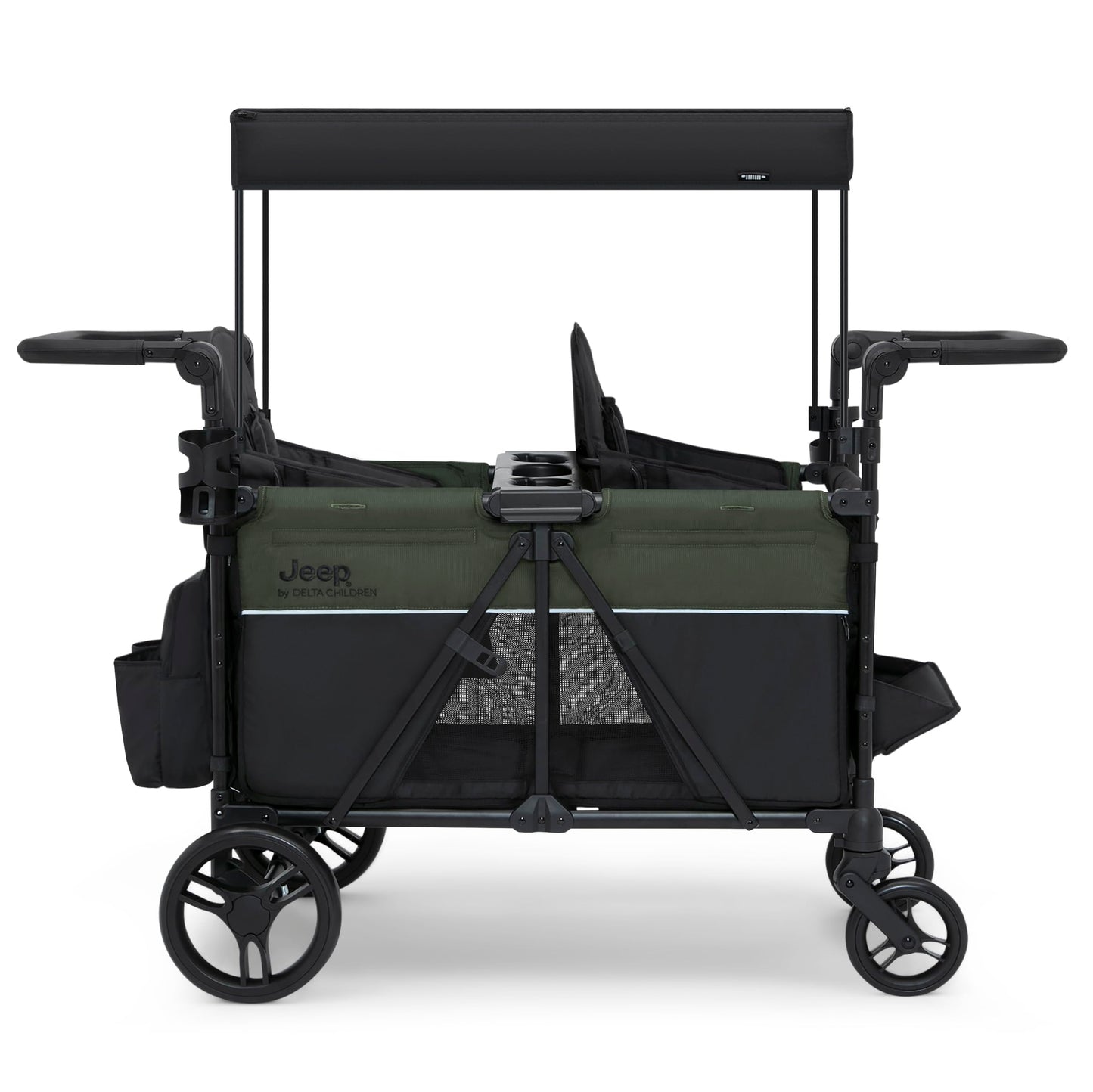 Jeep Aries Stroller Wagon by Delta Children Premium Wagon for 2 Kids with Convertible Seats, Adjustable Push/Pull Handles, Removable Canopy & Flat Fold - Greenguard Gold Certified, Black/Green