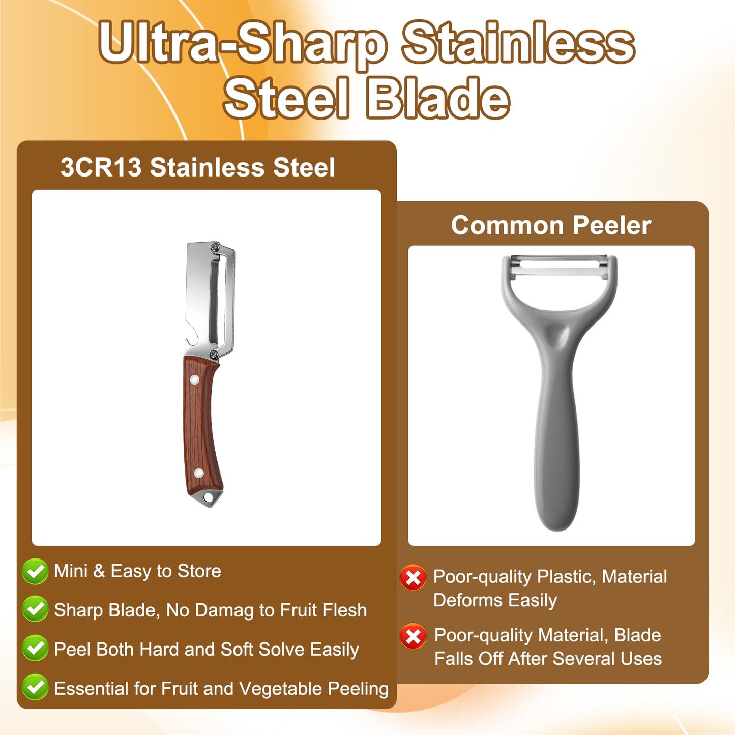 2PCS Multifunctional Vegetable Peeler for Kitchen, Premium Vegetable Peeler with Wooden Handle and Bottle Opener, Stainless Steel Blade Kitchen Tool for Fruit Apple Potato Pumpkin Papaya
