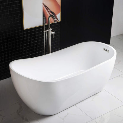 WOODBRIDGE 67" Acrylic Freestanding Bathtub Contemporary Soaking White Tub with Brushed Nickel Overflow and Drain，B-0001-BN