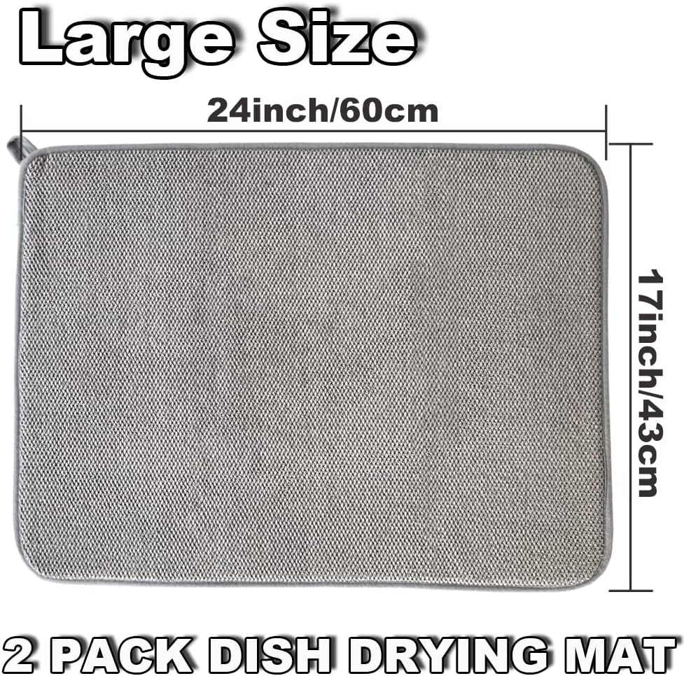 2Pack Large Dish Drying Mat for Kitchen Counter, 24 x 17 Inch Microfiber Absorbent Dish Drying Pad, Large Size Dishes