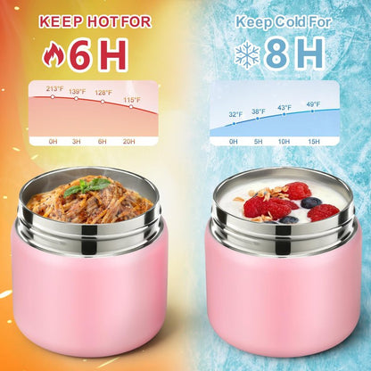 Bento Lunch Box for Kids with 8oz Soup Thermo,2 Leak-Proof Food Containers, a Lunch Bag, Kids Thermo Insulated Hot Food Jar for School, Travel-Pink