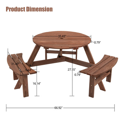 BIFULDYO 6-Person Round Outdoor Table and Chairs for Patio, Backyard, Wooden Garden Picnic Table with 3 Benches, 1720 Lb Capacity (Brown)