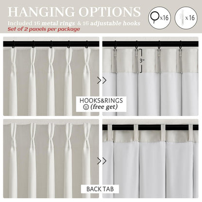 100% Blackout Linen 96 Inch Curtains 2 Panel Set for Bedroom, Modern Pinch Pleated Natural Linen Off Beige White Insulated Heavy Curtain 40 x 96 Inches Length Sliding Glass Door Room Darkening Drapes