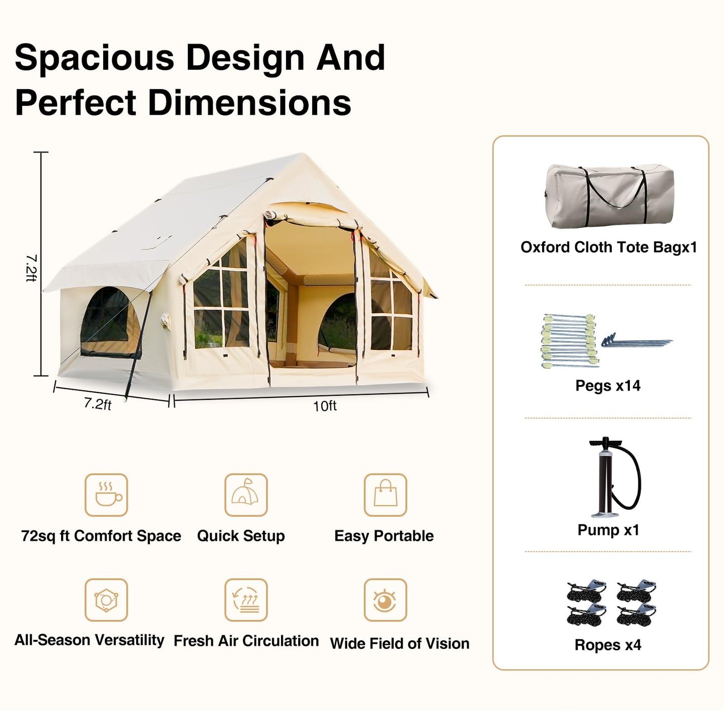 KNUO 2026 Upgraded Waterproof Inflatable Camping Tent for 2~4 People, Large Blow-Up Air Tent, No Assembly Needed Luxury Glamping House, 10x7.2ft Oxford Fabric, Beige
