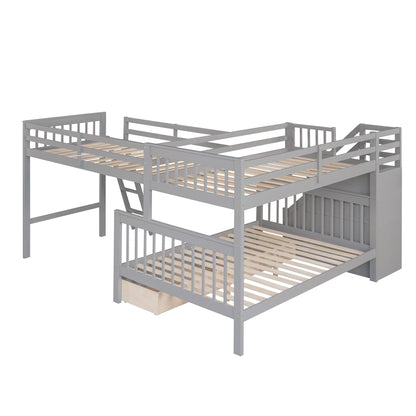 Merax Bunk Bed with a Loft Attached, Triple Bedframe with Drawers, Guardrails and Ladders, Gray Platform, L-Shaped Twin Over Full