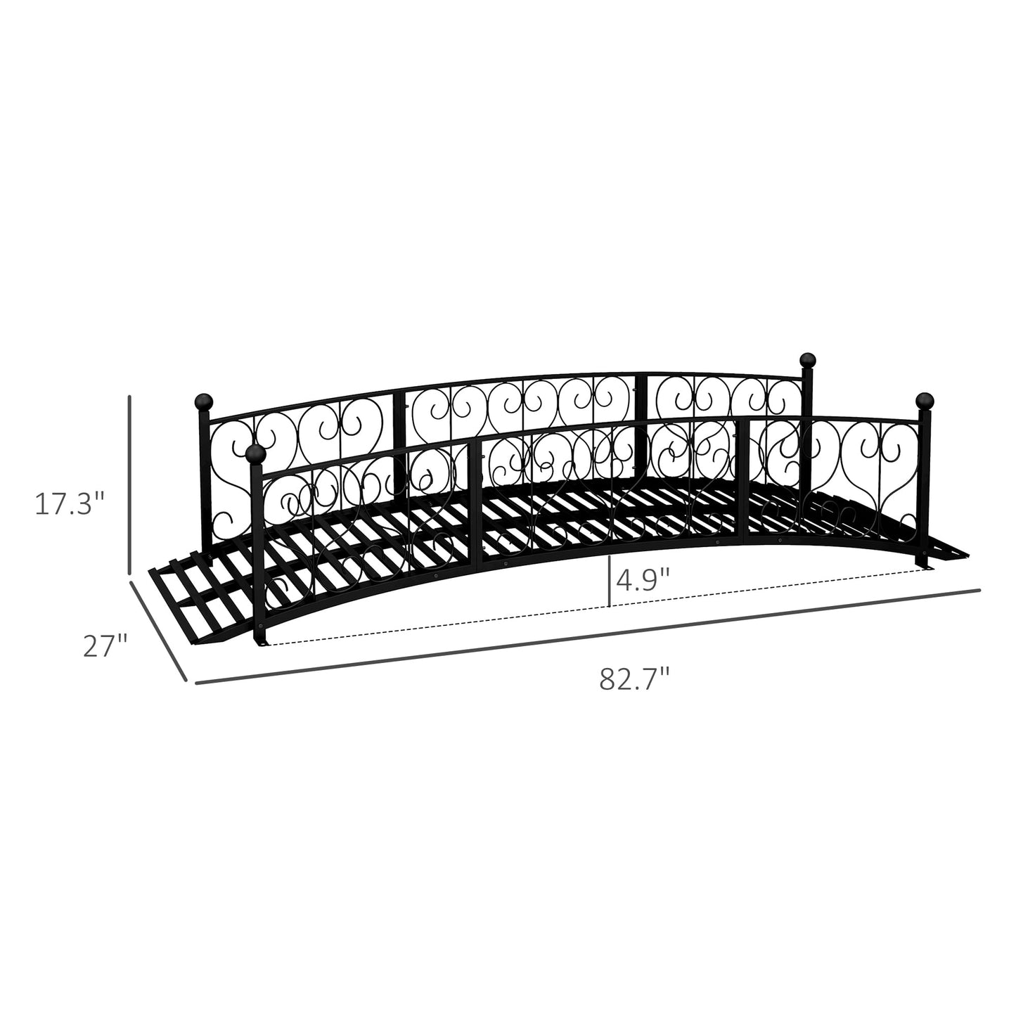 Outsunny 7' Metal Arch Garden Bridge with Safety Siderails, Decorative Arc Footbridge with Delicate Scrollwork S Motifs for Backyard Creek, Stream, Fish Pond, Black