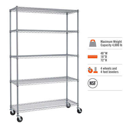 TRINITY EcoStorage Heavy Duty 5-Tier Adjustable Wire Shelving with Wheels for Outdoor Use, Garage Storage and More, NSF Certified, 800-4000 Lb Capacity, Gray, 48" W X 18" D X 72-77" H