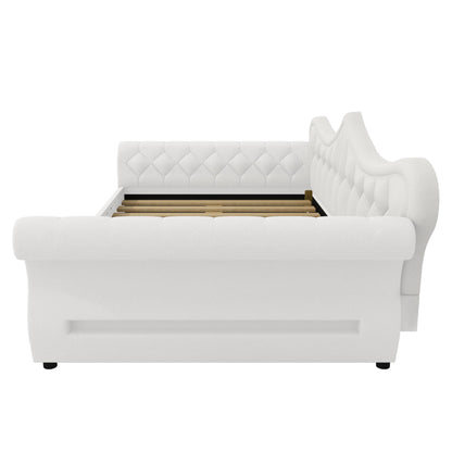 Merax Queen Size Upholstered Daybed with LED Lights, Convertible Sofa Bed, Tufted Daybed with Nailhead Trim, Wooden Frame Guest Bed for Living Room Bedroom, Beige