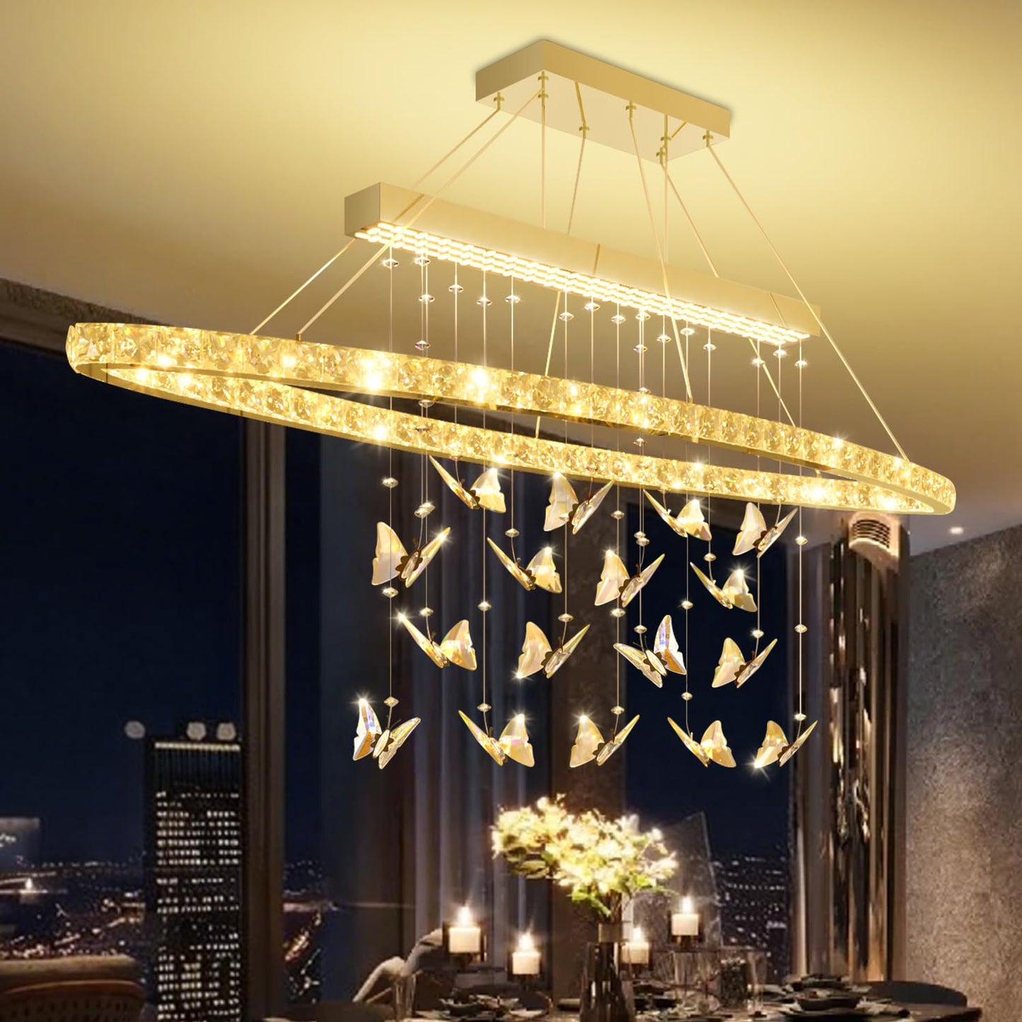WOSOHYUN 40 Inch Gold Crystal Butterfly Chandelier, Adjustable Hanging Linear Chandeliers, Oval Rings Chandelier for Dining Room, Living Room, Foyer