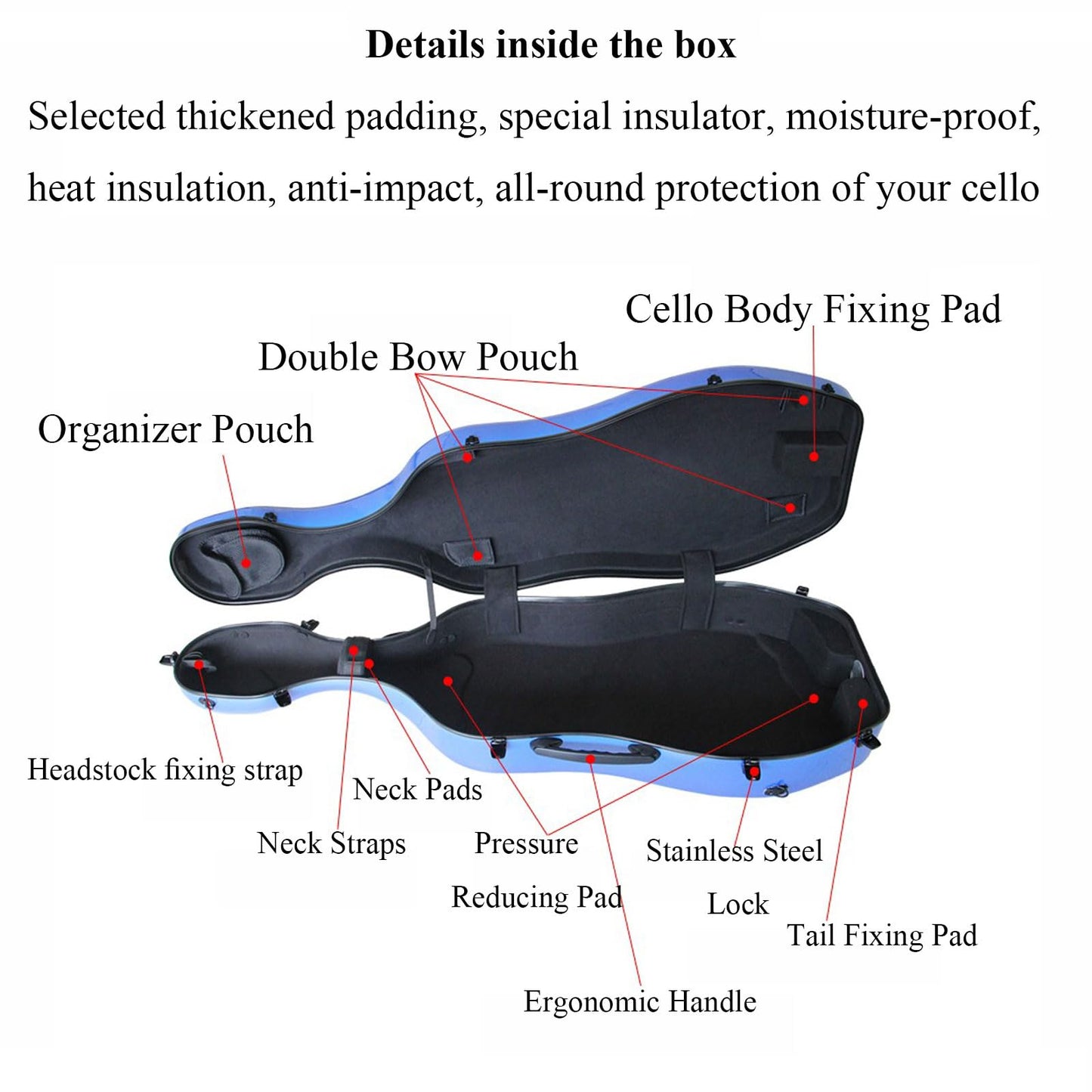 ZerHoc 4/4 Full Size Cello Case, Carbon Fiber Composite Sturdy, Portable and Waterproof Cello Box with Handle, Back Straps and Wheels(Color:Black)