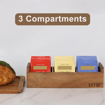 HTB Small Wooden Tea Bag Box 2PCS, 3 Compartments Acacia Wood Tea Bag Chest with Handle, Mini Countertop Divided Storage Container for Beverage Supplies, Sugar, Sweeteners, Individual Packets