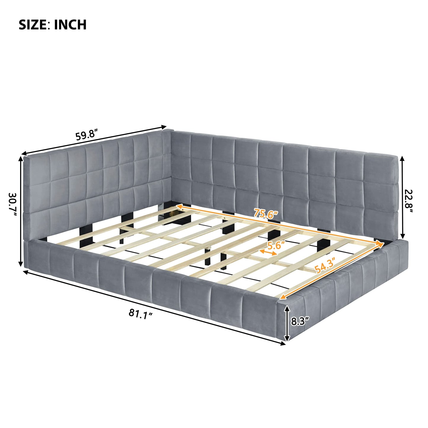 Ball & Cast Full Size Daybed, Velvet Upholstered Day Bed Frame with Tufted Backrest & Armrest,Modern Sofa Bed,Classic Floor Bed with Solid Wood Slats Support,No Box Spring Needed,Gray