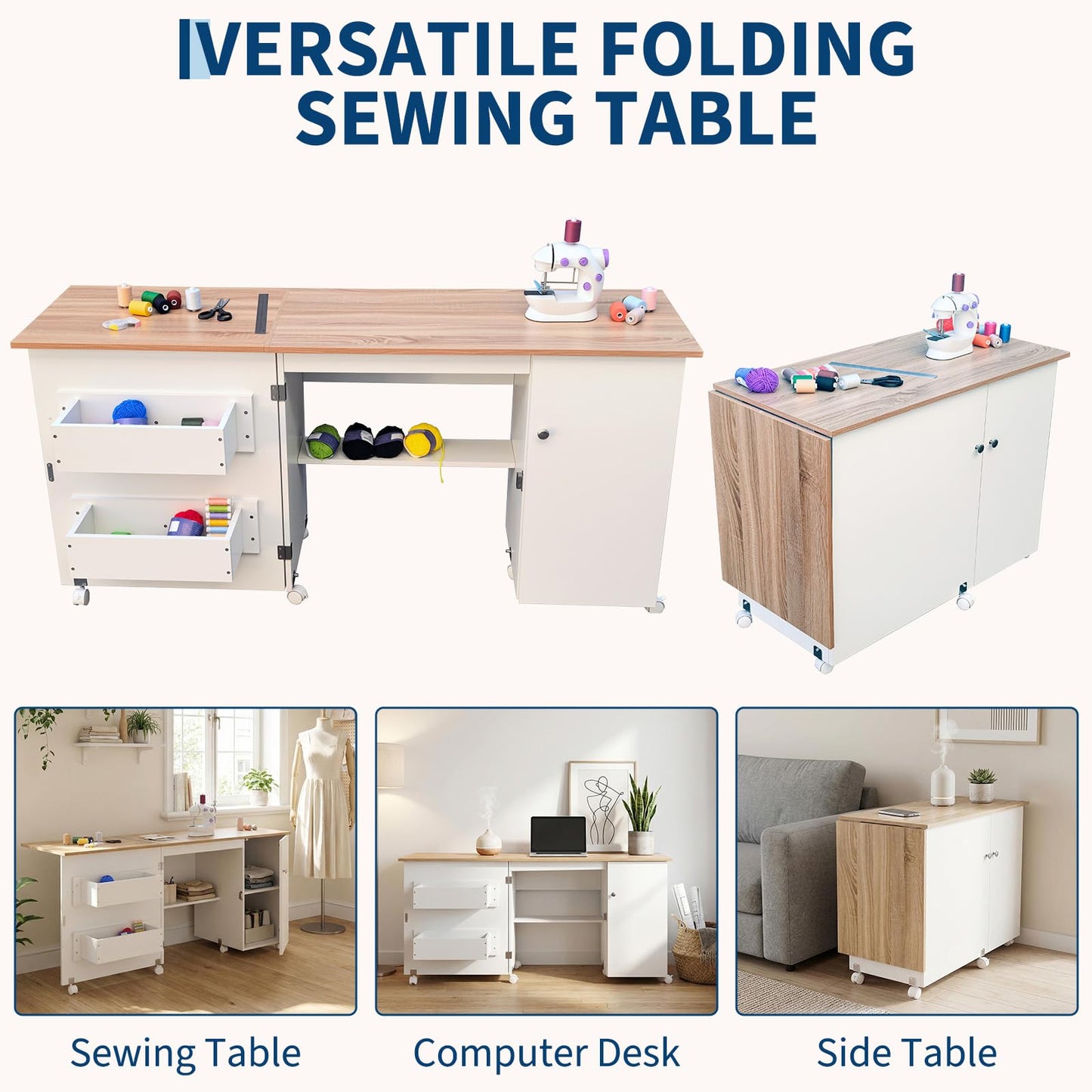 Large Folding Sewing Table, 63" x 19" x 29.5" Multipurpose Portable Craft Station & Side Desk with Compact Design, Caster Wheels, Storage Shelves, 2 Storage Trays, Magnetic Doors, White + Natural