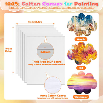 10 Pack 8x10 Inch Canvas and Easel Set, Art Canvas Boards Bulk with Easel Stand, Mini Acrylic Paint & Brushes Set, Paint Trays, Sip and Paint Kit for Adults Couples Day Night Paint Party