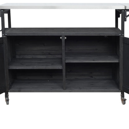 Outdoor Kitchen Island Cart with Foldable Stainless Steel Top, Rolling Grill Table with Adjustable Shelf Storage Spice Rack and Towel Holder, Wooden BBQ Prep Station with Lockable Wheels, Black