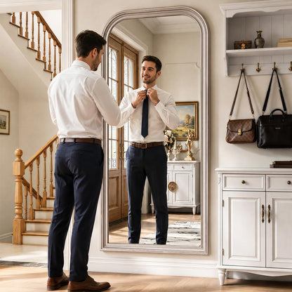 FlyEcho Full Length Mirror with Stand, 71"x32" Full Body Mirror, Floor Length Mirrors Wall Mounted with Rounded Top, Large Standing Mirrors, PU Frame, for Bedroom Living Room Cloakroom, Antique Sliver