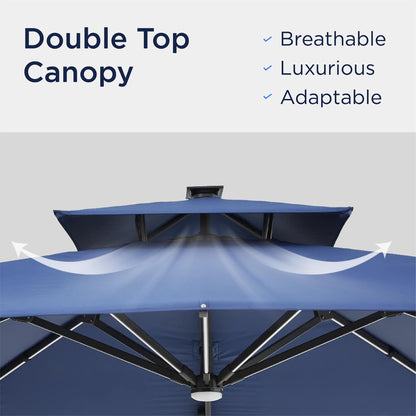 Deconk 10x10 FT Cantilever Patio Umbrella with Led Lights Double Top Outdoor Square Heavy Duty Offset Umbrellas 360°Rotation Free-motion Track Tilt Windproof for Pool Deck Garden, Navy