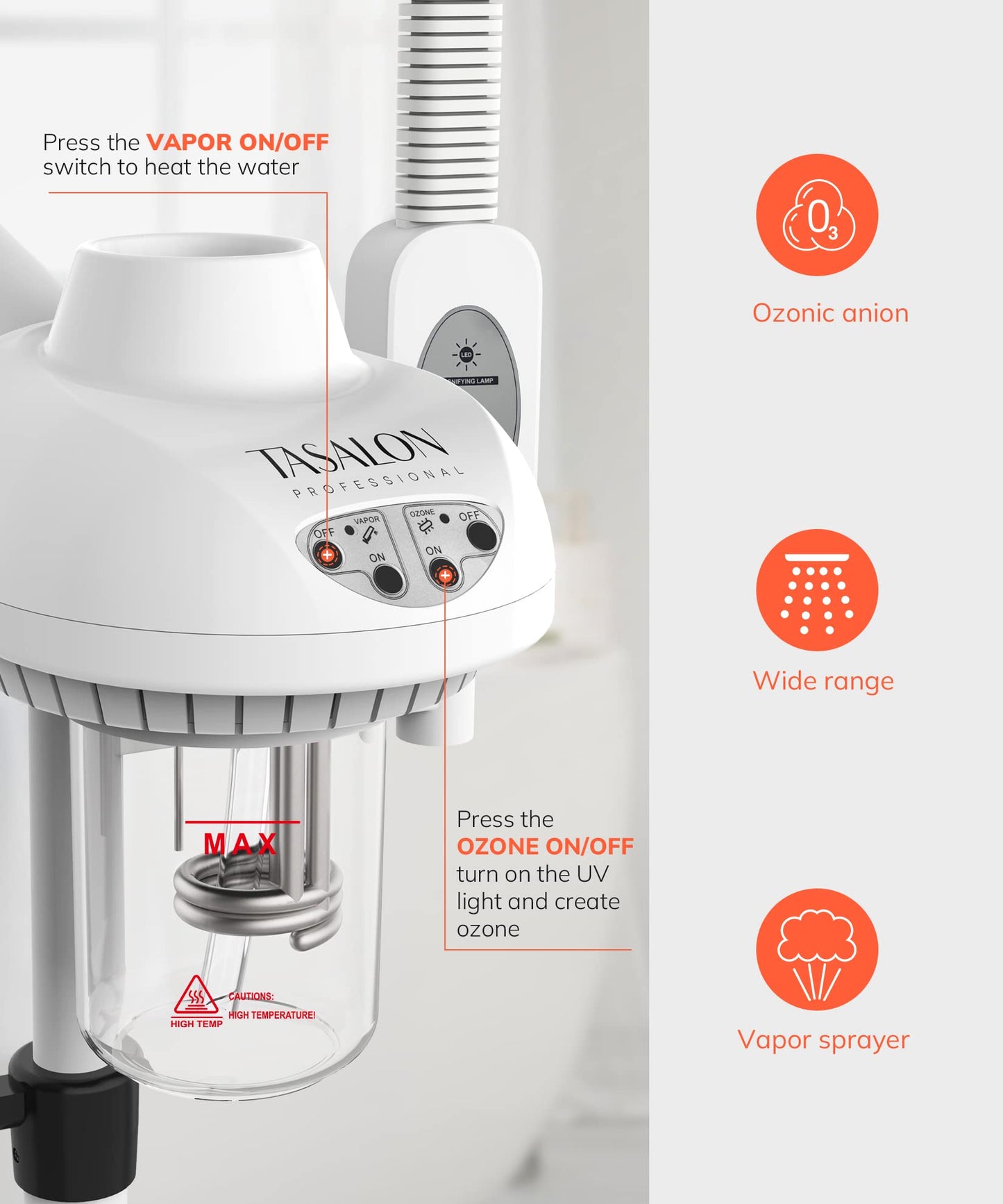 TASALON 2-in-1 Professional Facial Steamer, Hot Ozone Face Steamer for Facial with 5X Magnifying Lamp, Esthetician Steamer for Salon Beauty and Spa Shop, Skin Care Equipment with New Upgrade Wheels
