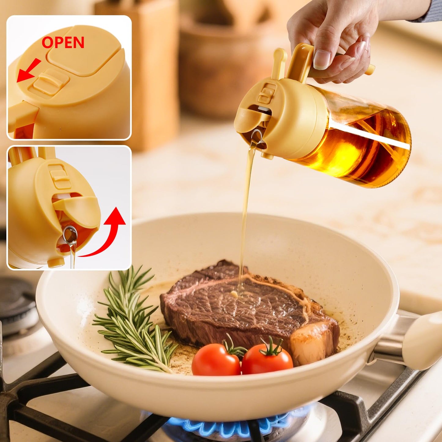 Olive Oil Sprayer for Cooking, 470ml 2 In 1 Glass Oil Dispenser/Pour Bottle, Kitchen Accessories, Kitchen Gadgets for Air Fryer, Salad, BBQ (Black)