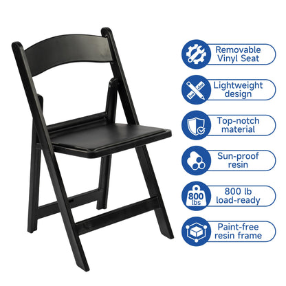 Winlice Black Resin Folding Chairs - Stackable Chairs with Padded Seats, 800LB Weight Capacity Comfortable Chair - Indoor/Outdoor Folding Chairs for Events - Lightweight Foldable Chairs (10 Pack)